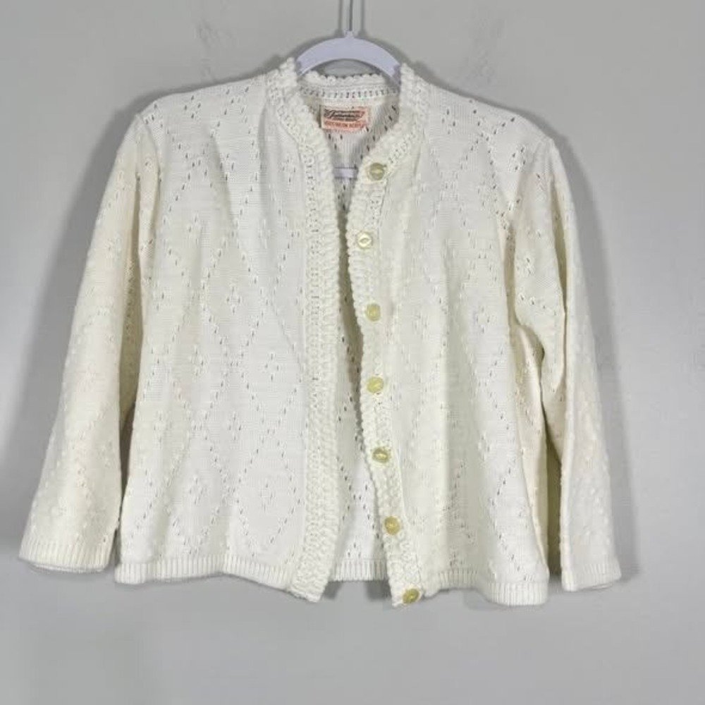 VTG Featherknits Diamond Knit Cardi Sweater Womens Small Cream Romantic Cottage